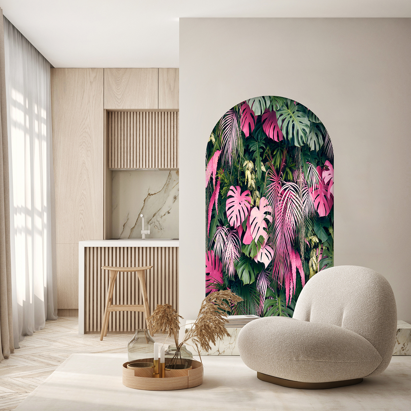 Pembe ve Yeşil Yaprak Desenli Duvar Kağıdı Canlı ve Şık Ev Dekorasyonu - Görsel 4