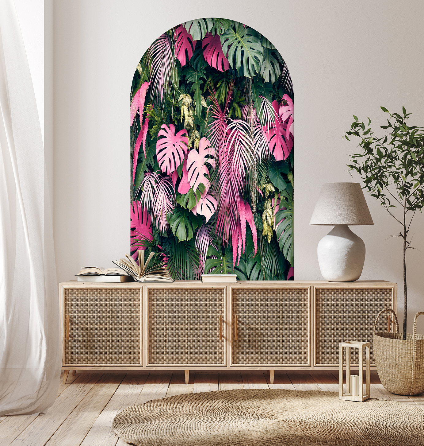 Pembe ve Yeşil Yaprak Desenli Duvar Kağıdı Canlı ve Şık Ev Dekorasyonu