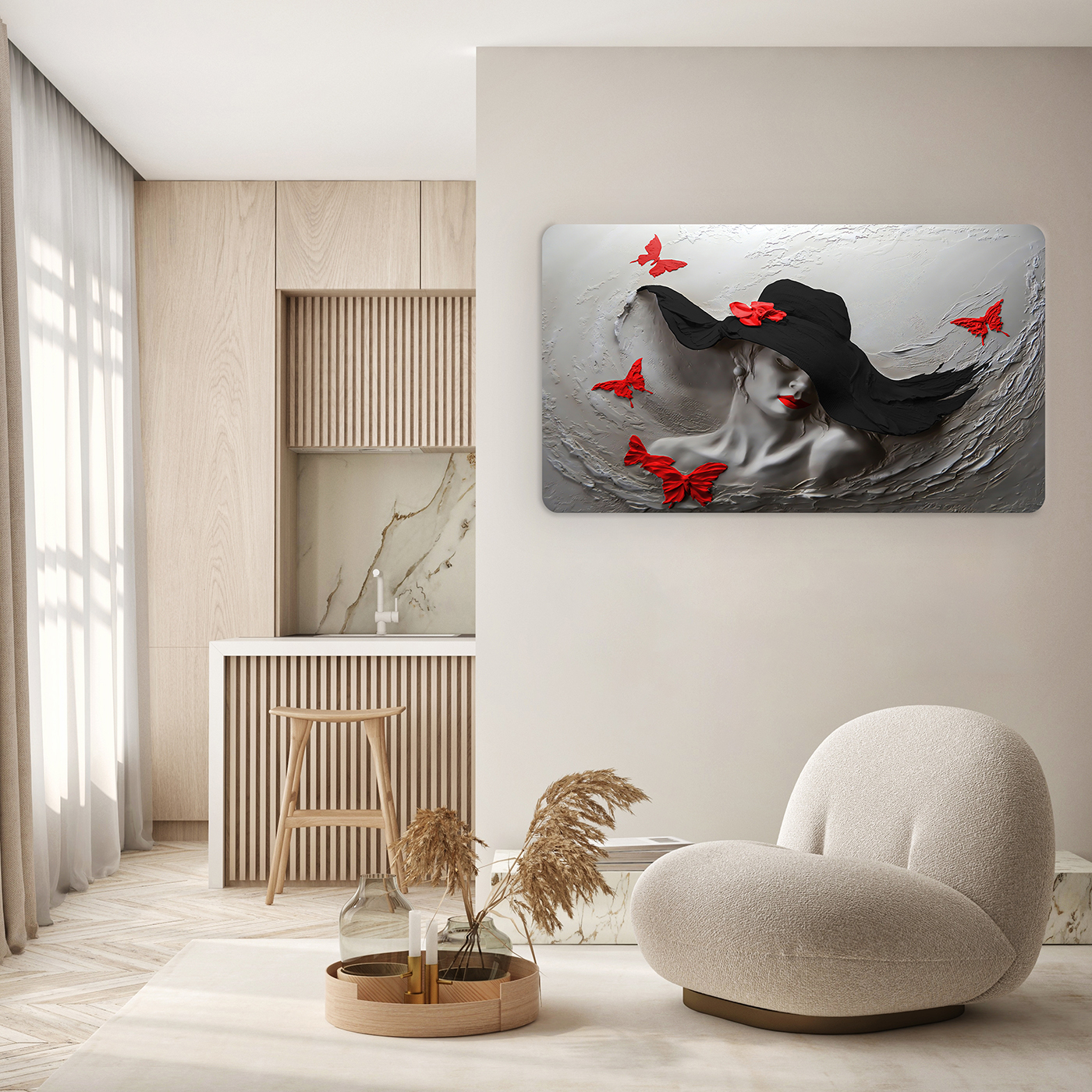 Siyah Şapkalı Kadın ve Kırmızı Kelebekler Duvar Kağıdı - Modern Sanat Tasarımı - Görsel 5