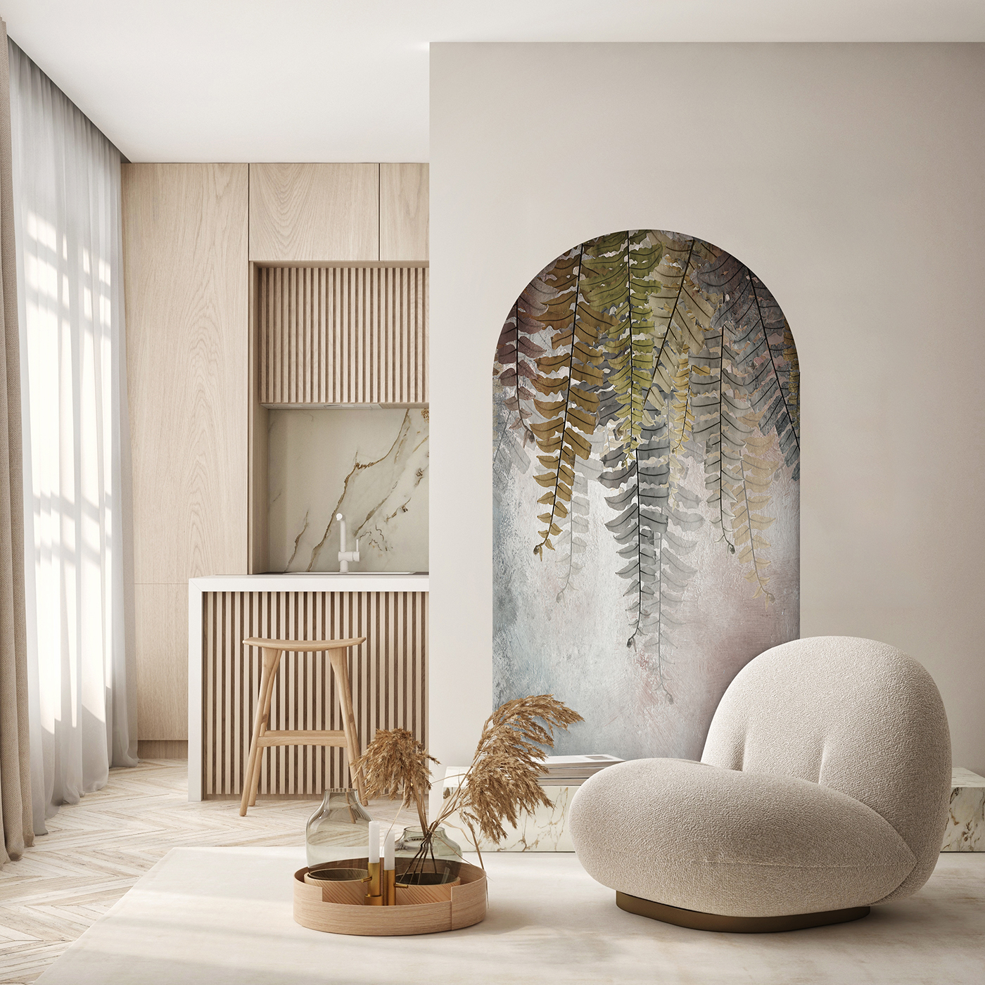 Doğal Tonlarda Eğrelti Otu Desenli Duvar Kağıdı Modern Ev Dekorasyonu - Görsel 4
