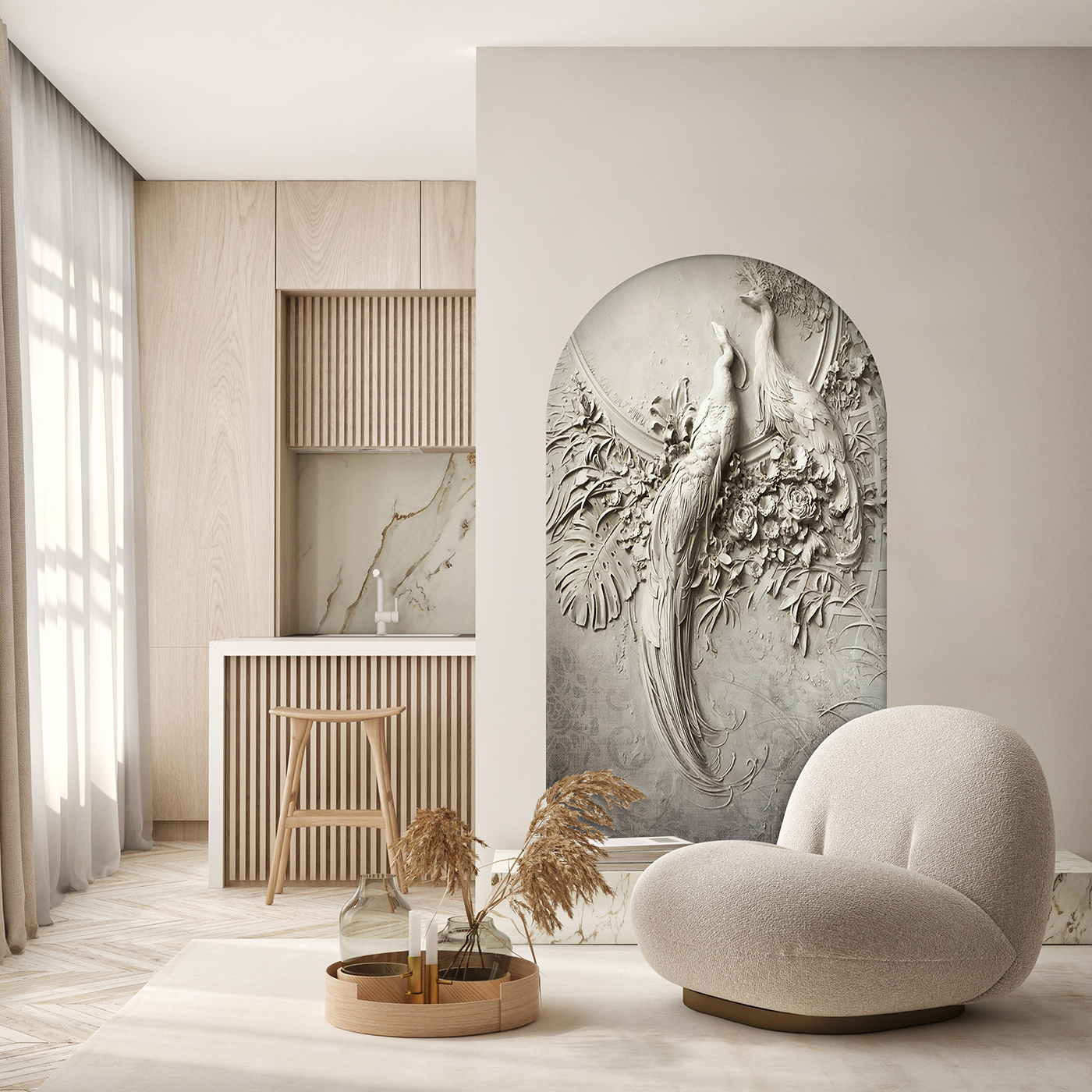 Kemerli Soyut Yapışkanlı Duvar Kağıdı - Modern Kuş ve Doğal Tasarım - Görsel 4