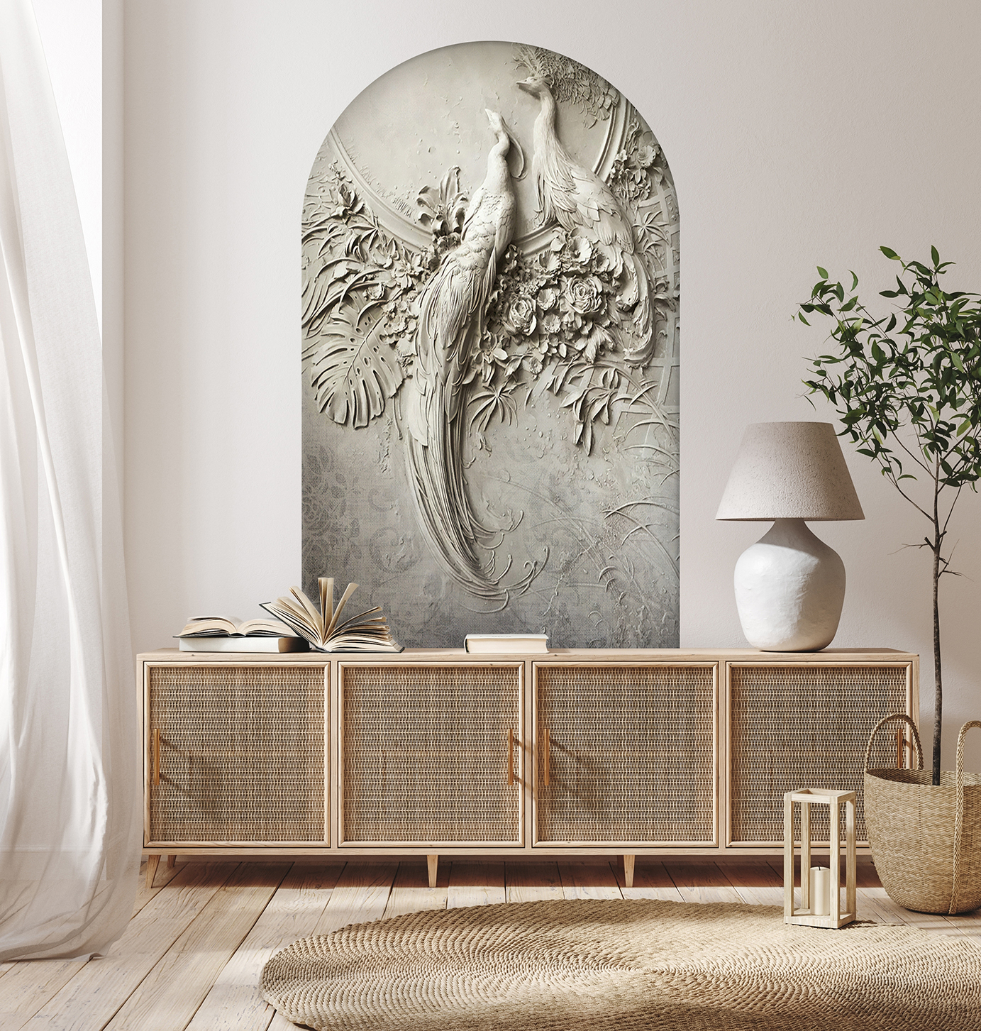 Kemerli Soyut Yapışkanlı Duvar Kağıdı - Modern Kuş ve Doğal Tasarım