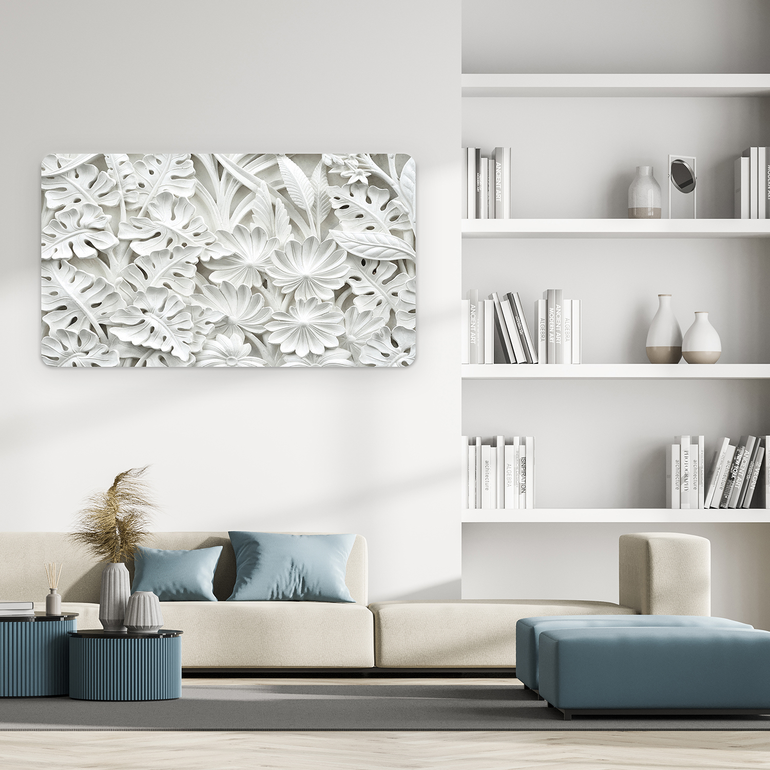 Beyaz Çiçek ve Yaprak Desenli 3D Duvar Kağıdı - Modern ve Şık Tasarım - Görsel 3