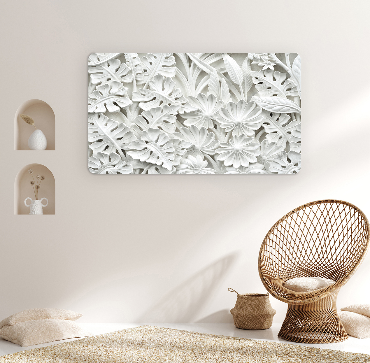 Beyaz Çiçek ve Yaprak Desenli 3D Duvar Kağıdı - Modern ve Şık Tasarım