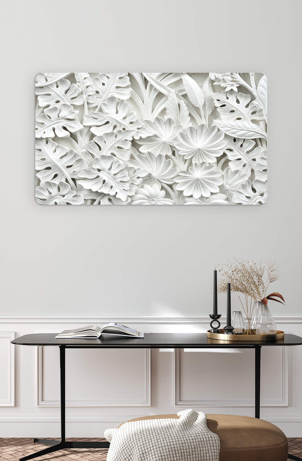 Beyaz Çiçek ve Yaprak Desenli 3D Duvar Kağıdı - Modern ve Şık Tasarım - Görsel 4