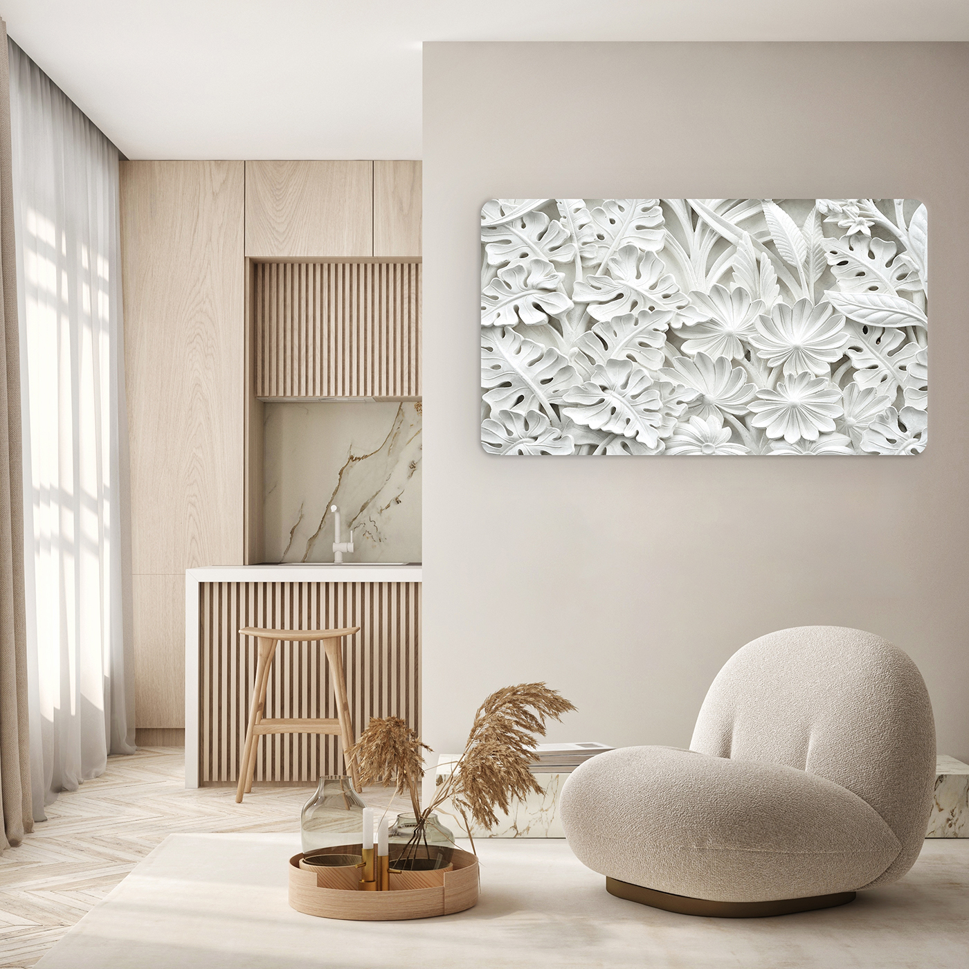 Beyaz Çiçek ve Yaprak Desenli 3D Duvar Kağıdı - Modern ve Şık Tasarım - Görsel 5