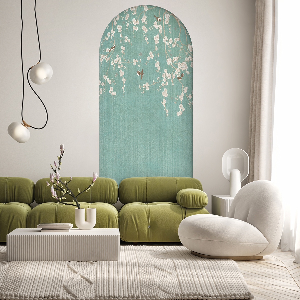 Mint Yeşili Çiçekli Duvar Kağıdı – Doğal Soyut Mural Dekorasyonu - Görsel 4