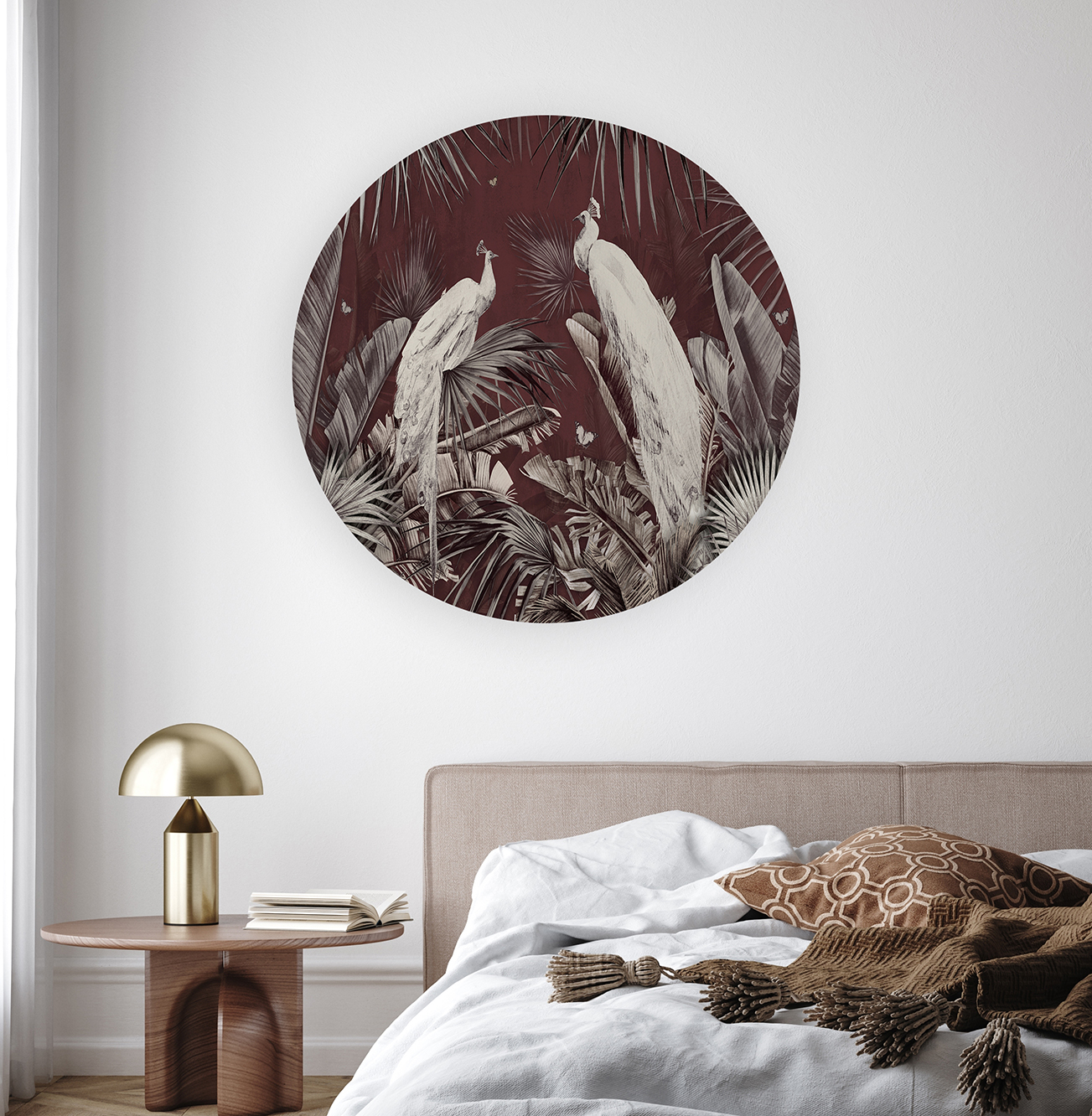 Beyaz Tavus Kuşları ve Tropikal Bitkiler Duvar Kağıdı – Kendinden Yapışkanlı Kırmızı Tasarım - Görsel 6