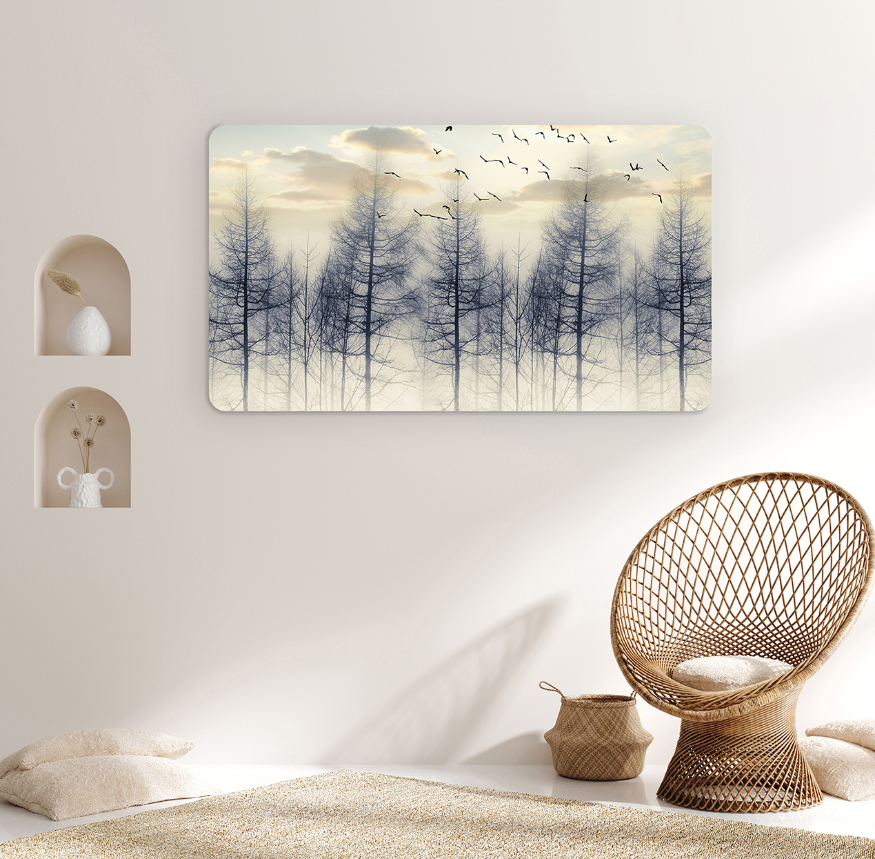 Kuşlar ve Ağaçlar Manzaralı Duvar Kağıdı - Doğa Temalı Soyut Tasarım