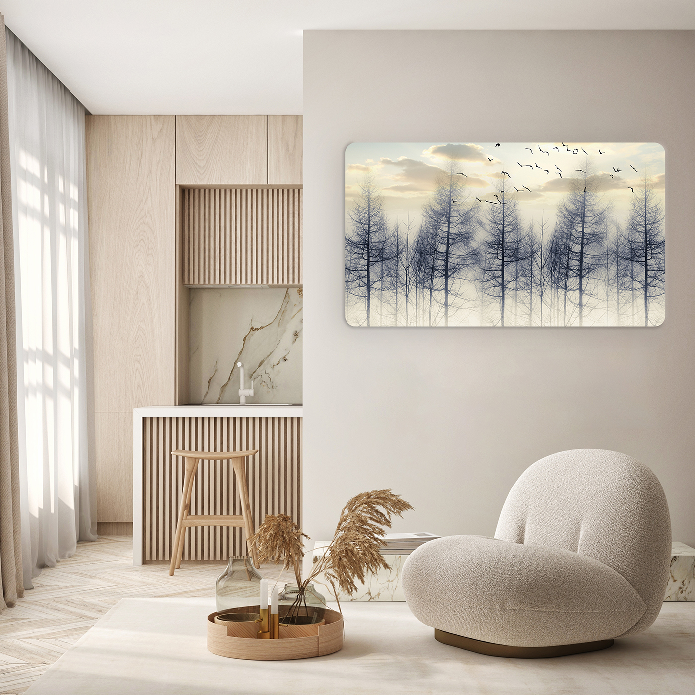 Kuşlar ve Ağaçlar Manzaralı Duvar Kağıdı - Doğa Temalı Soyut Tasarım - Görsel 5