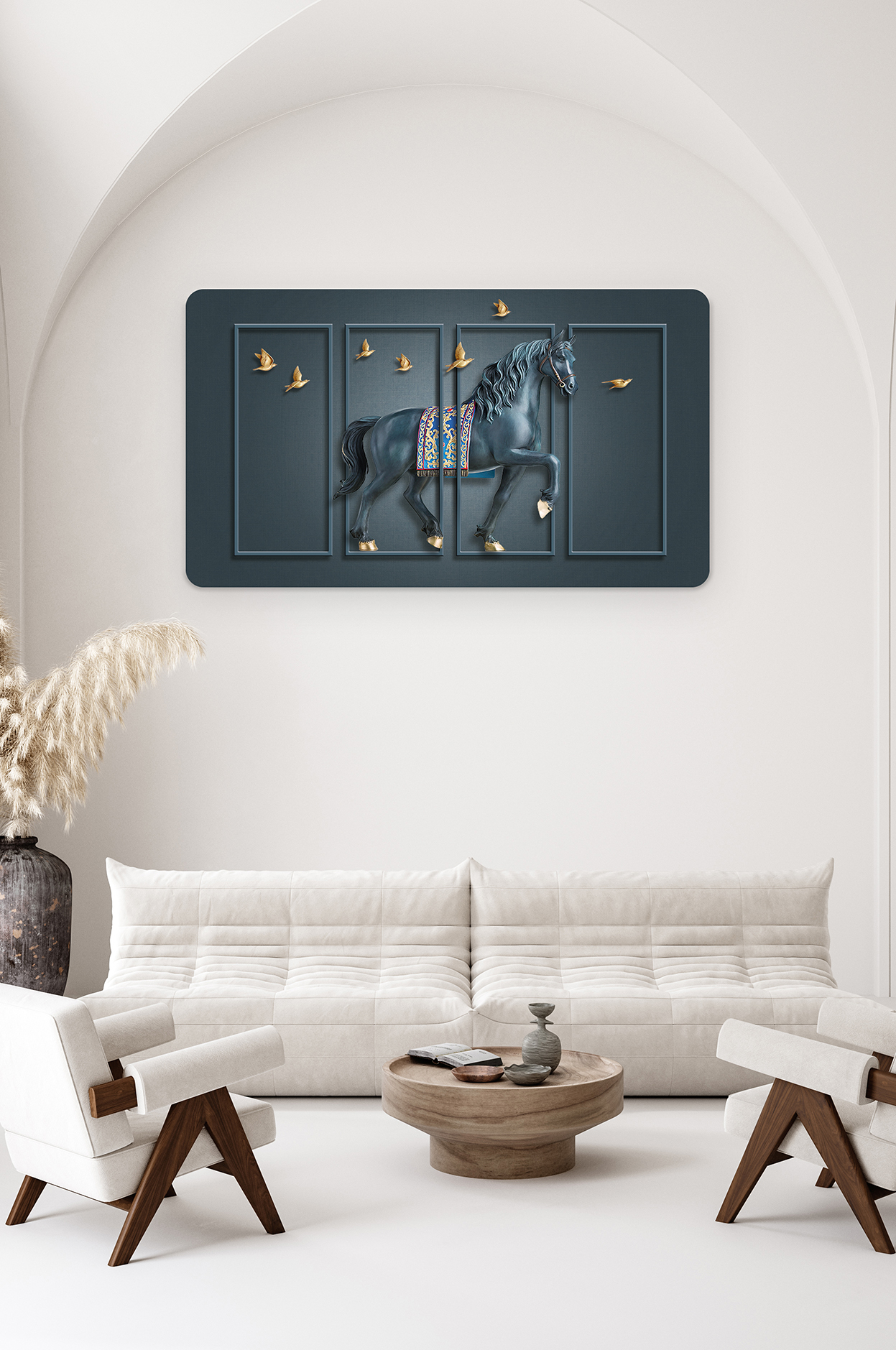 At Üzerinde Kuşlar ile Soyut Duvar Kağıdı - Modern Tasarım ve Dekoratif Sanat - Görsel 2