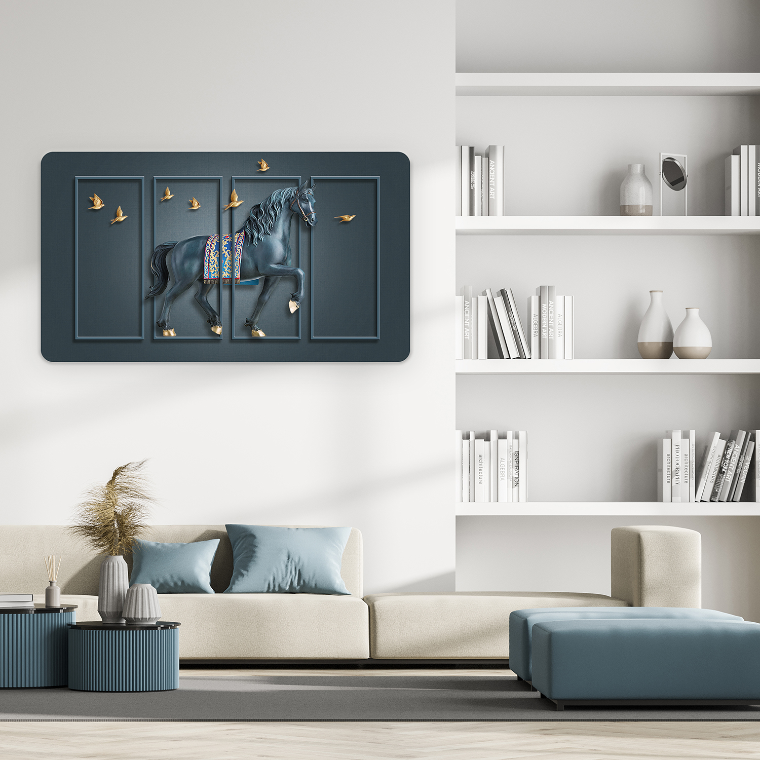 At Üzerinde Kuşlar ile Soyut Duvar Kağıdı - Modern Tasarım ve Dekoratif Sanat - Görsel 3