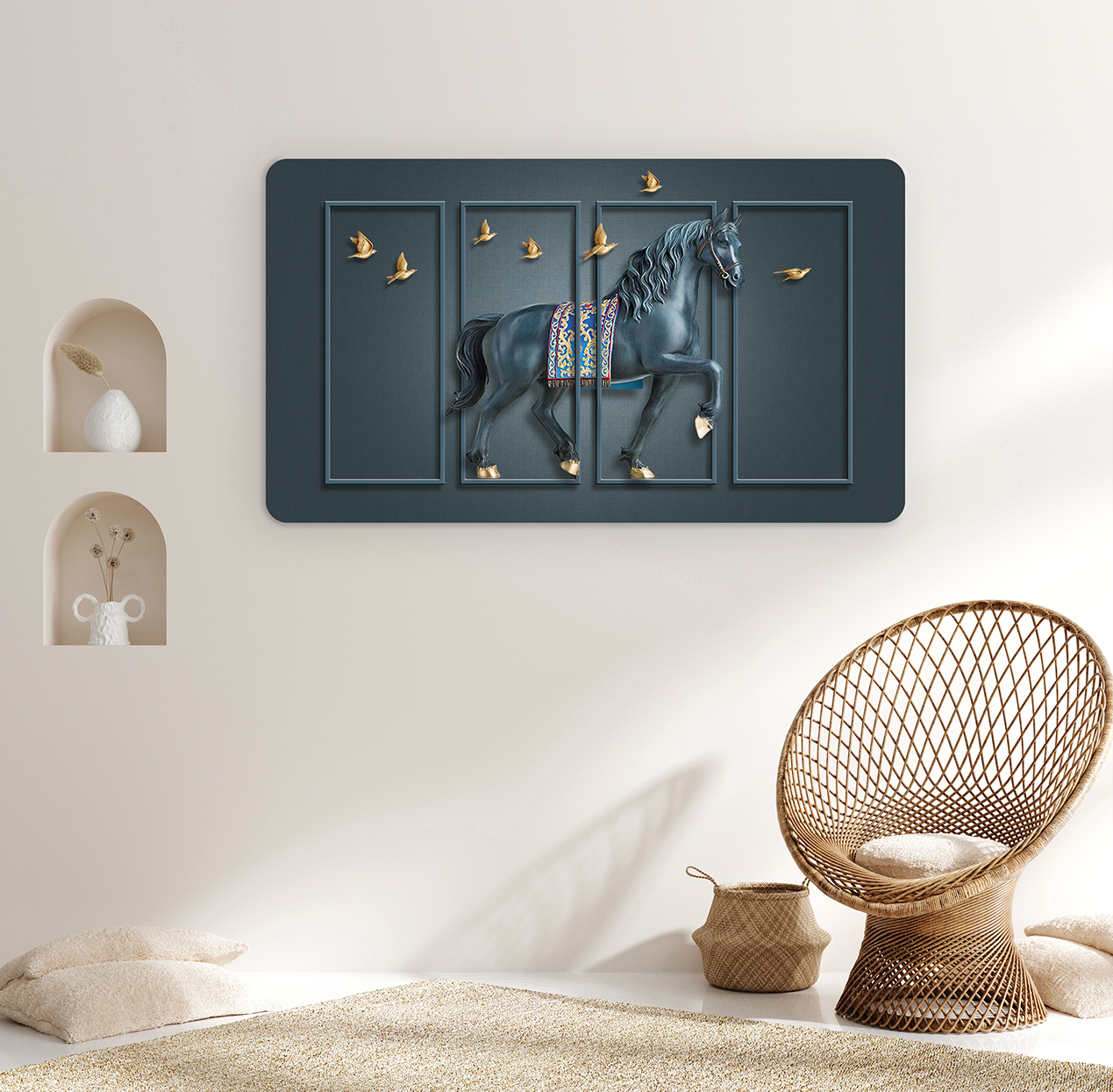 At Üzerinde Kuşlar ile Soyut Duvar Kağıdı - Modern Tasarım ve Dekoratif Sanat