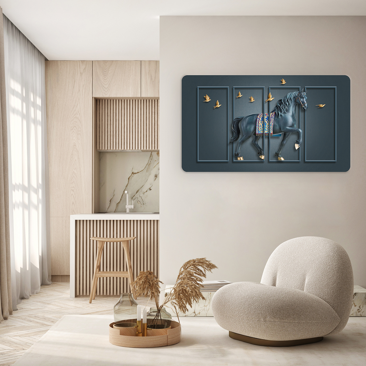 At Üzerinde Kuşlar ile Soyut Duvar Kağıdı - Modern Tasarım ve Dekoratif Sanat - Görsel 5
