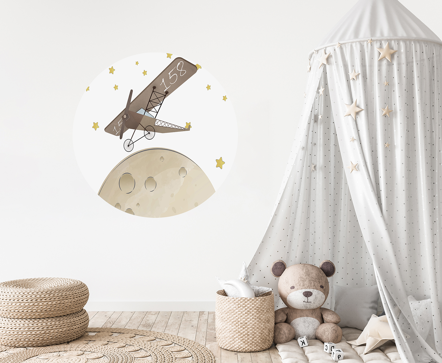 Çocuk Odası İçin Uçan Uçak ve Yıldızlar Temalı Duvar Kağıdı - Rüya Gibi Tasarım - Görsel 3