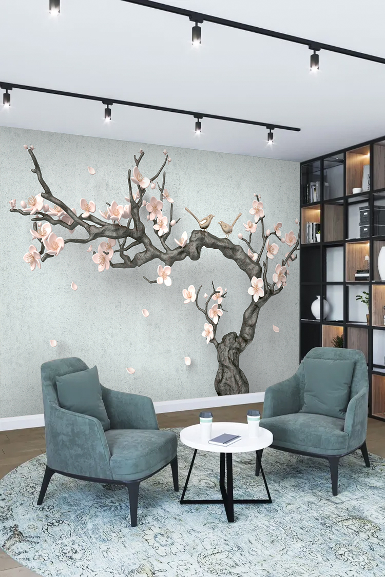 Çiçekli Ağaç ve Kuş Desenli Duvar Kağıdı - Görsel 2