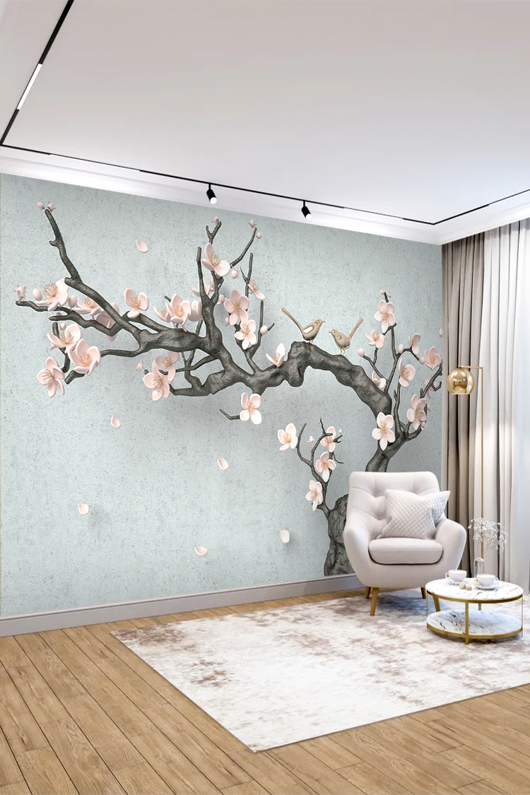 Çiçekli Ağaç ve Kuş Desenli Duvar Kağıdı - Görsel 4