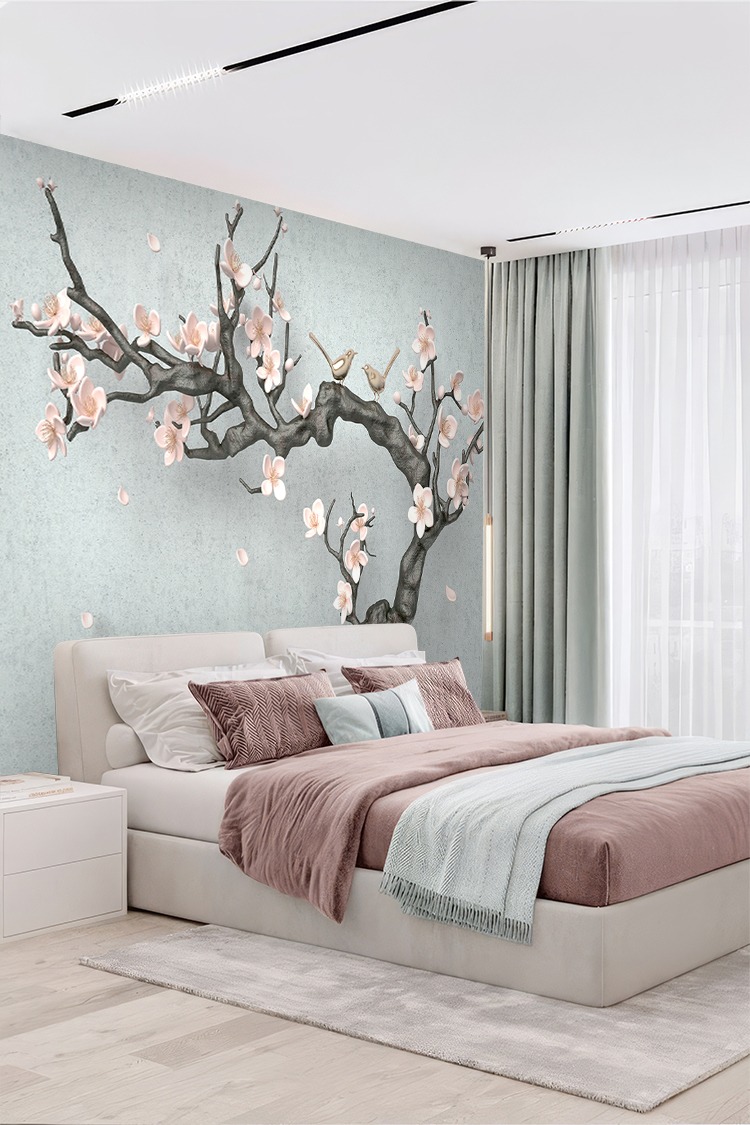 Çiçekli Ağaç ve Kuş Desenli Duvar Kağıdı