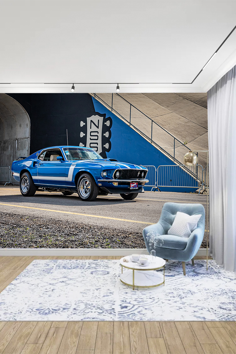 Mavi Spor Araba ve Modern Şehir Temalı Duvar Kağıdı - Görsel 2