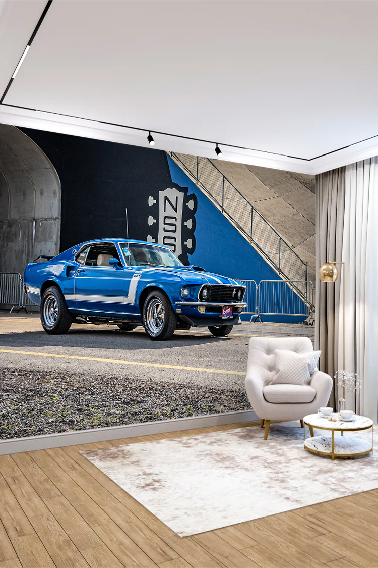 Mavi Spor Araba ve Modern Şehir Temalı Duvar Kağıdı - Görsel 3