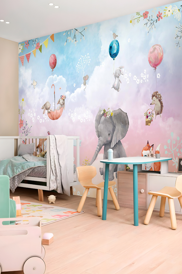 Balonla Uçan Sevimli Hayvanlar Duvar Kağıdı - Görsel 3