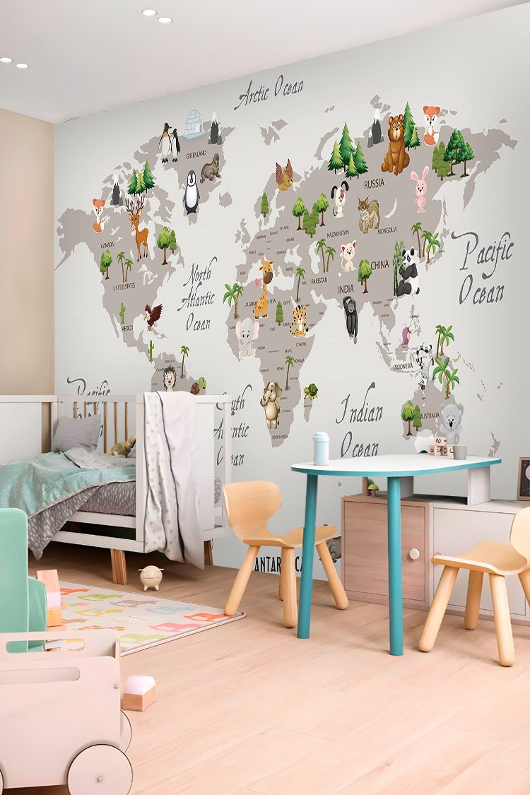 Hayvanlar Alemi Dünya Haritası Duvar Kağıdı - Görsel 4