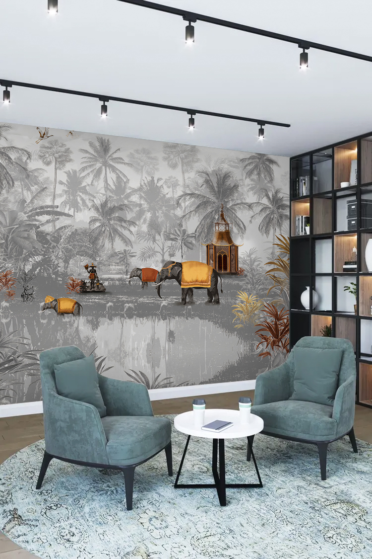 Egzotik Fil ve Tropikal Manzara Duvar Kağıdı - Görsel 2