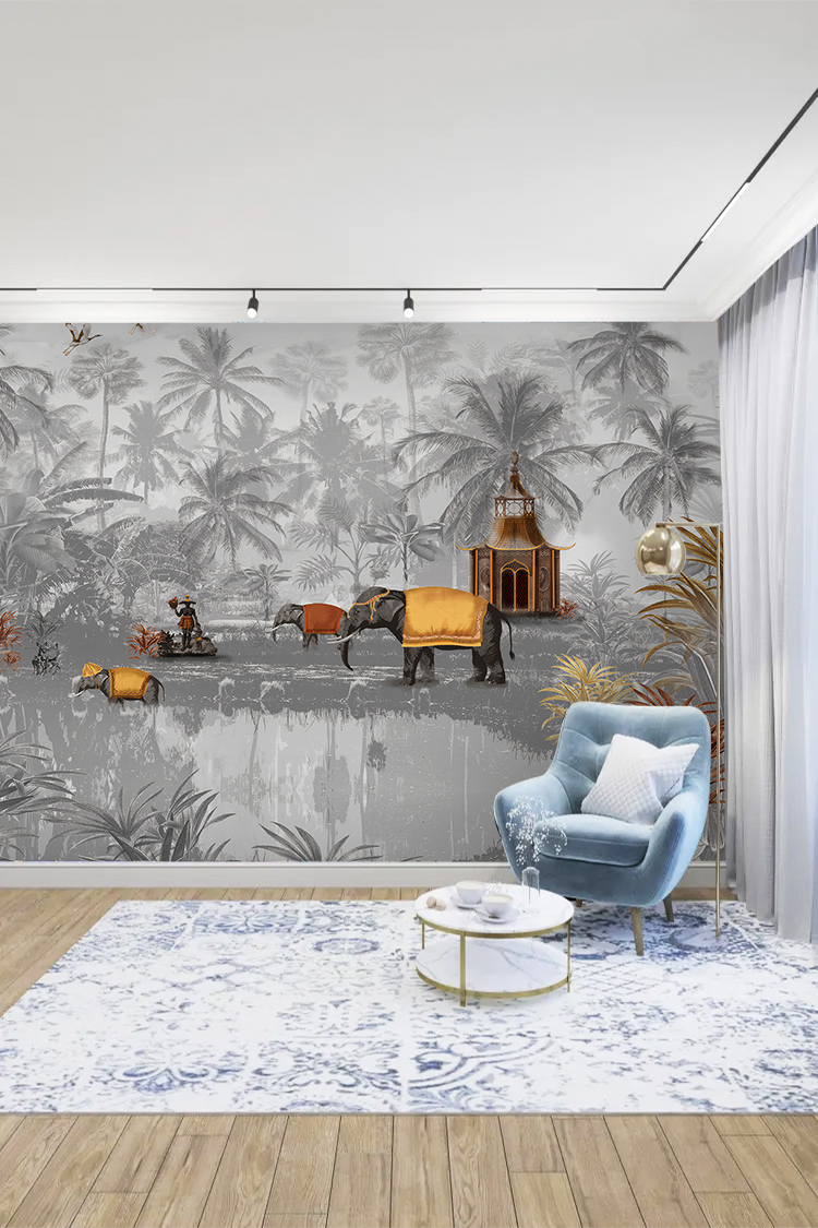 Egzotik Fil ve Tropikal Manzara Duvar Kağıdı - Görsel 3