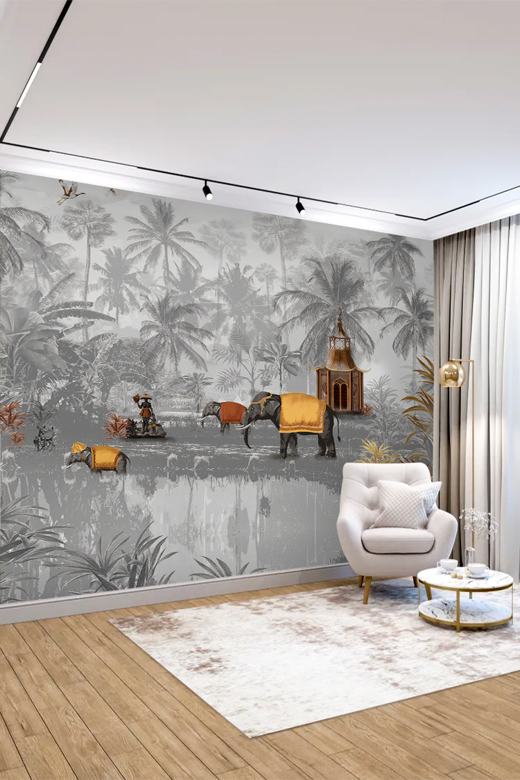 Egzotik Fil ve Tropikal Manzara Duvar Kağıdı - Görsel 4