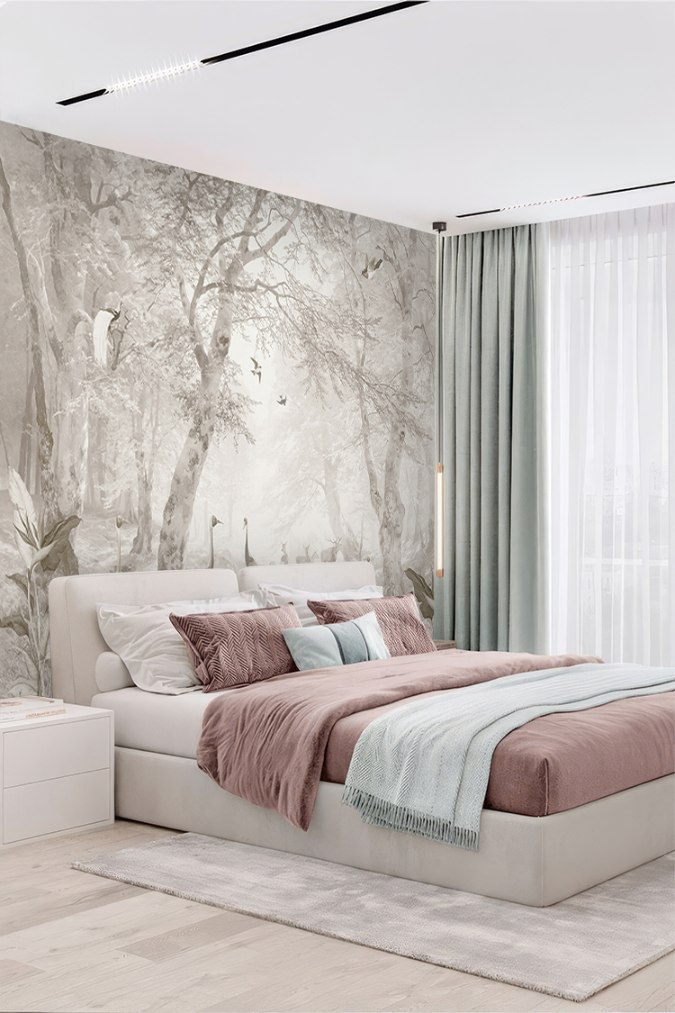 Pastel Orman ve Kuş Desenli Duvar Kağıdı - Görsel 5