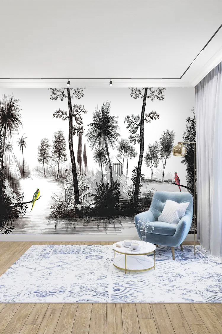Siyah Beyaz Tropikal Ağaç ve Kuşlu Duvar Kağıdı
