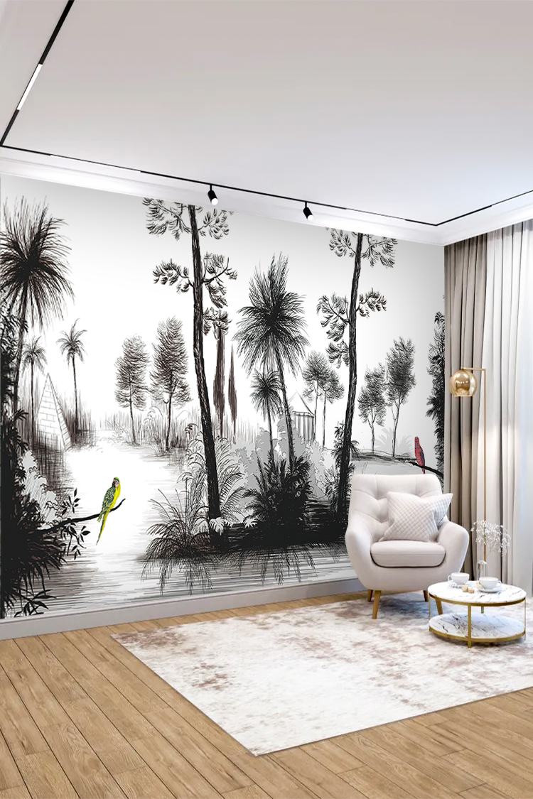 Siyah Beyaz Tropikal Ağaç ve Kuşlu Duvar Kağıdı - Görsel 3