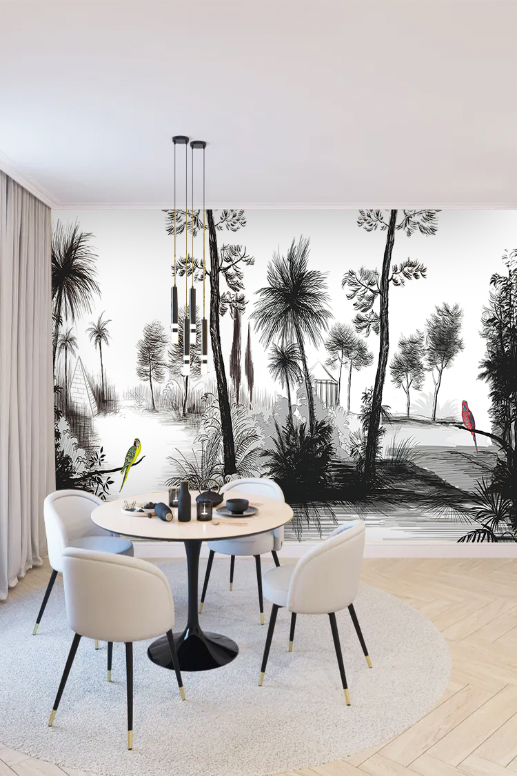 Siyah Beyaz Tropikal Ağaç ve Kuşlu Duvar Kağıdı - Görsel 4