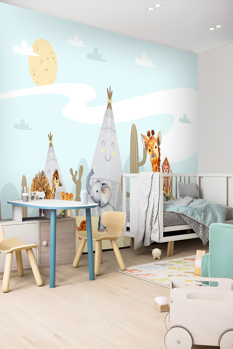 Çocuk Odası için Renkli Teepee ve Hayvanlar Duvar Kağıdı - Görsel 3