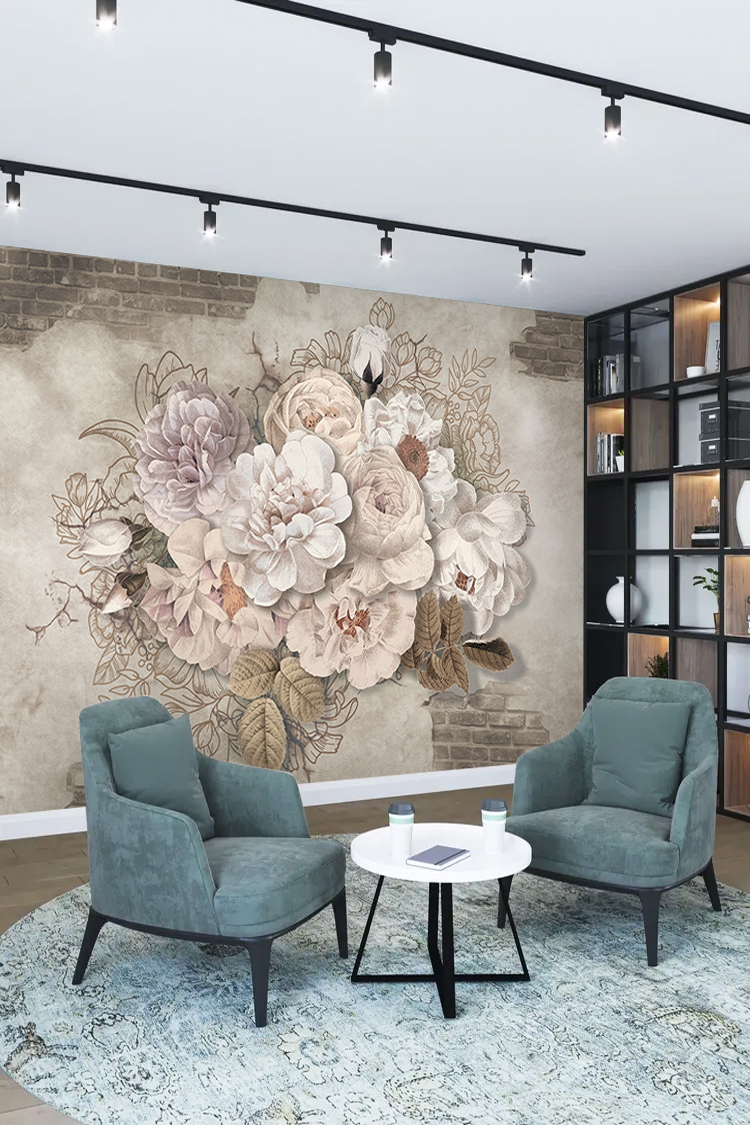 Çiçek ve Tuğla Desenli Duvar Kağıdı