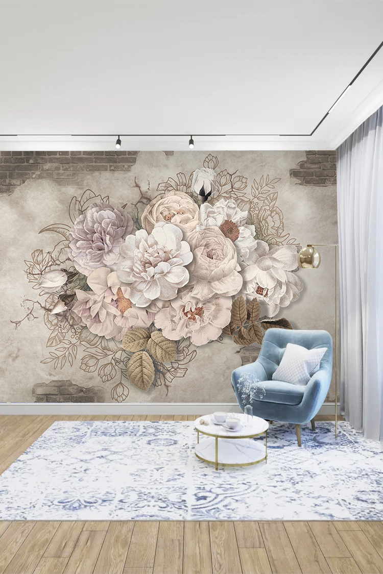 Çiçek ve Tuğla Desenli Duvar Kağıdı - Görsel 2