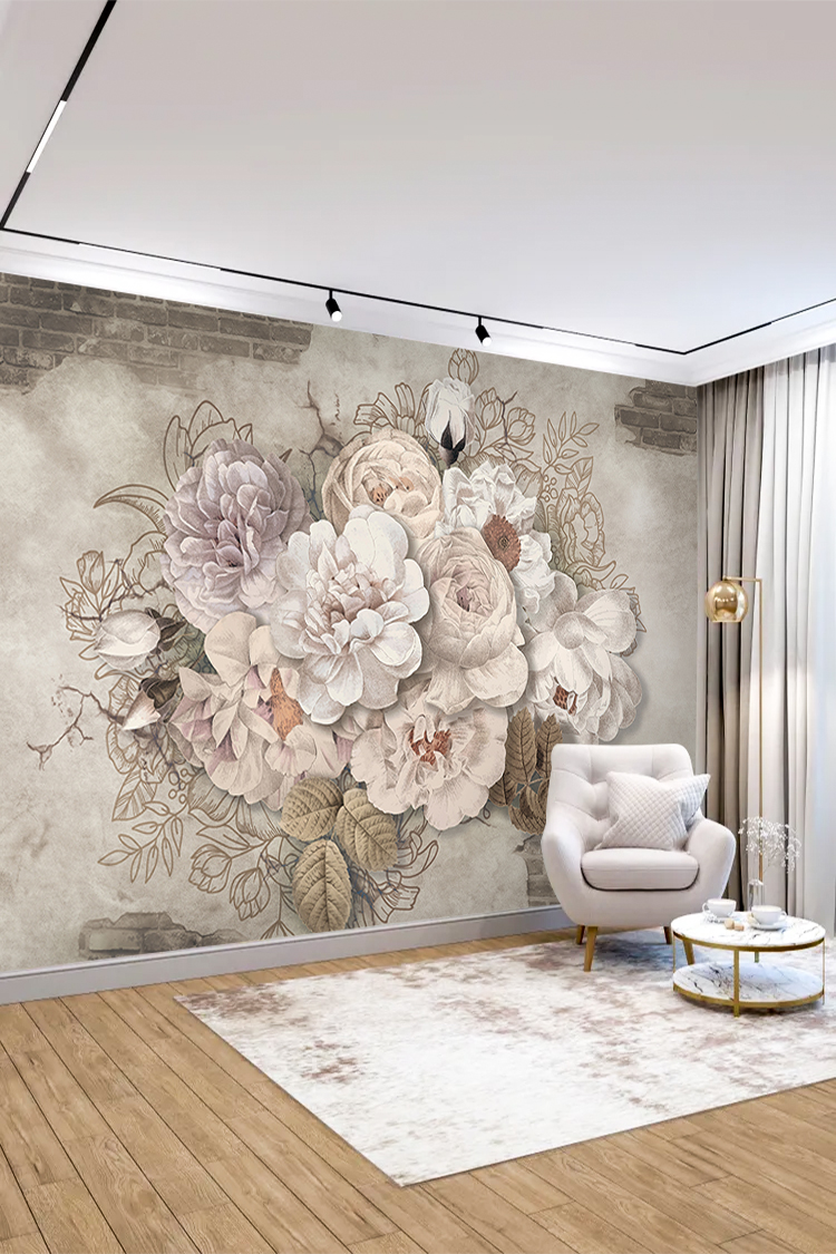 Çiçek ve Tuğla Desenli Duvar Kağıdı - Görsel 3