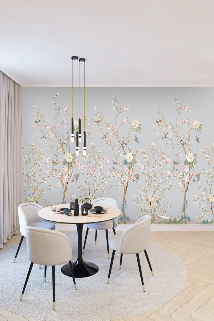 Gri Zeminde Kuş ve Çiçek Desenli Duvar Kağıdı - Poster Marketi