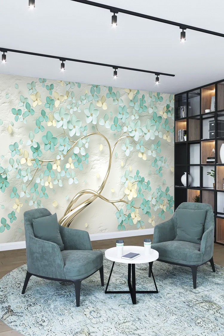 Yeşil ve Altın Çiçek Deseni ile Modern Duvar Kağıdı - Görsel 2