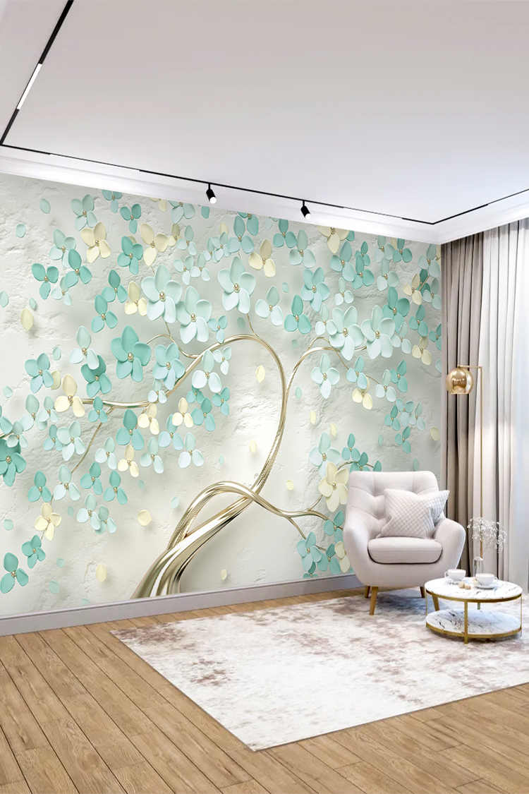 Yeşil ve Altın Çiçek Deseni ile Modern Duvar Kağıdı - Görsel 4