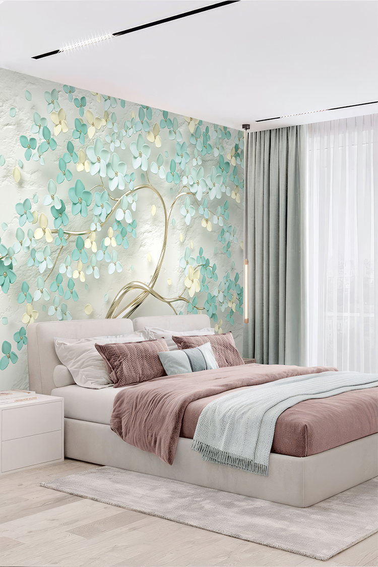 Yeşil ve Altın Çiçek Deseni ile Modern Duvar Kağıdı - Görsel 6