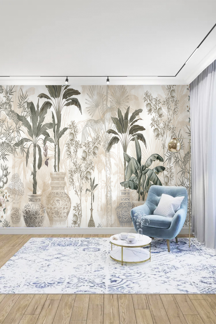 Vazolu Tropik Bitki Desenli Duvar Kağıdı - Görsel 3