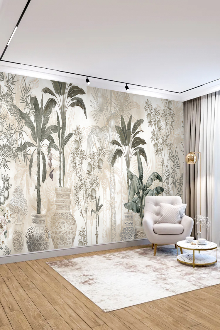 Vazolu Tropik Bitki Desenli Duvar Kağıdı