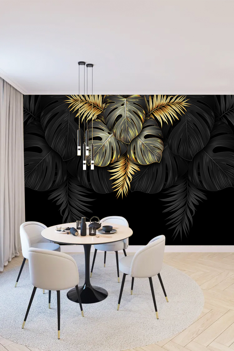 Altın Siyah Tropikal Yaprak Desenli Duvar Kağıdı