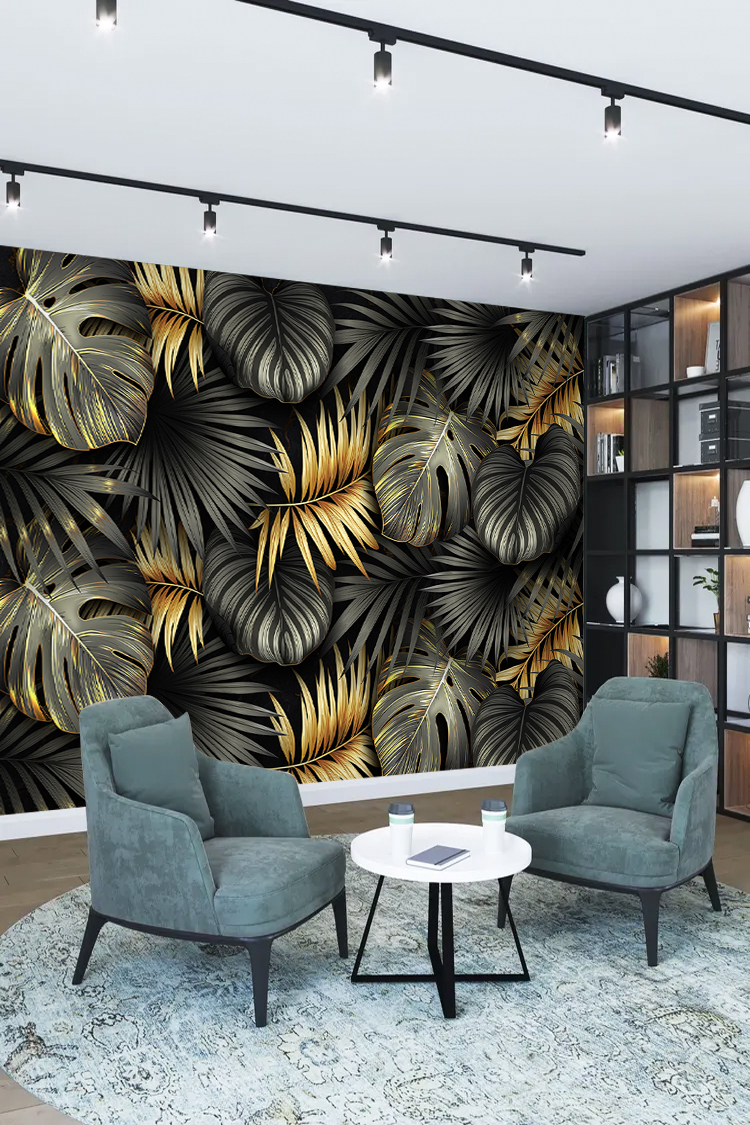 Altın Siyah Tropikal Yaprak Desenli Duvar Kağıdı - Görsel 2