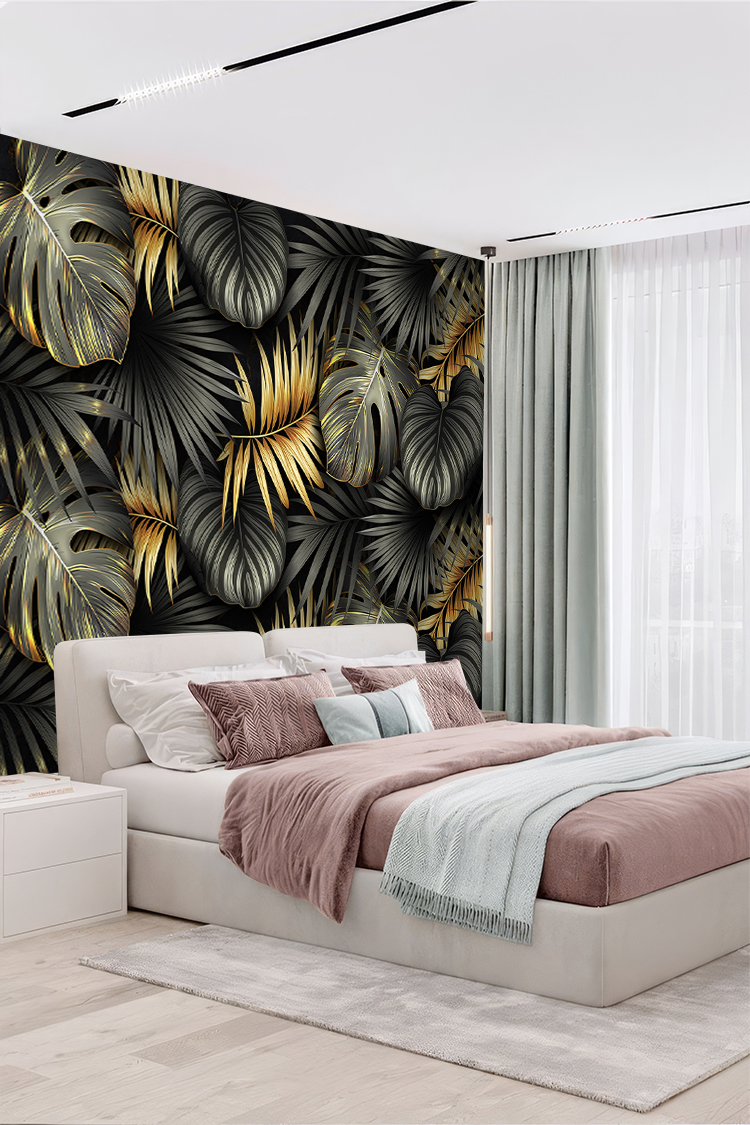 Altın Siyah Tropikal Yaprak Desenli Duvar Kağıdı