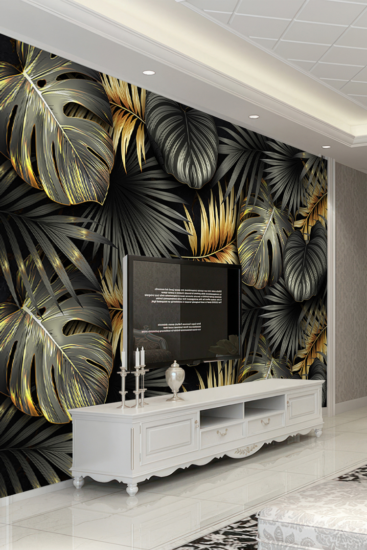 Altın Siyah Tropikal Yaprak Desenli Duvar Kağıdı - Görsel 6