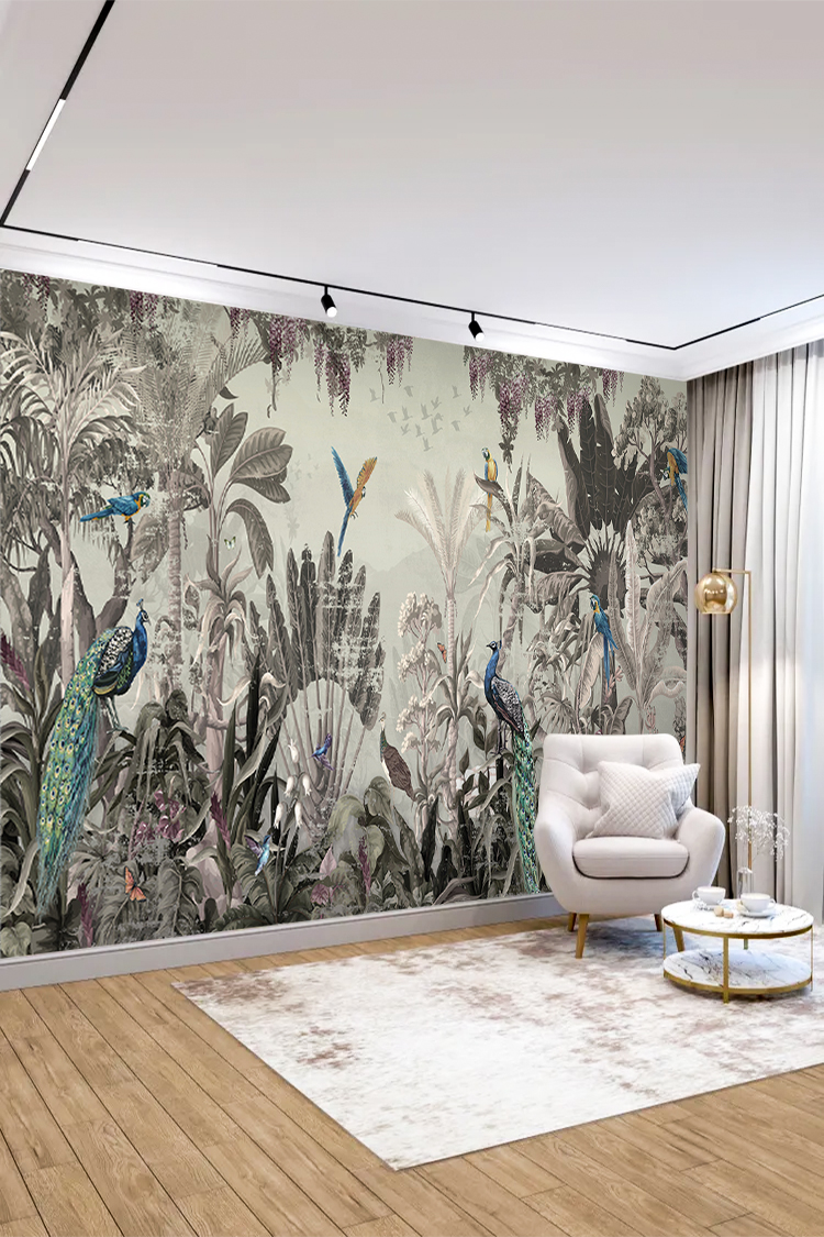 Tropikal Orman ve Kuşlar Temalı Duvar Kağıdı - Görsel 3