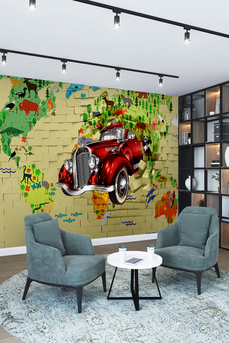 Retro Araba ve Doğa Temalı Duvar Kağıdı - Görsel 2