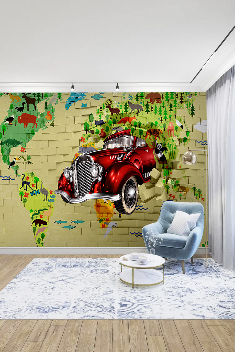 Retro Araba ve Doğa Temalı Duvar Kağıdı